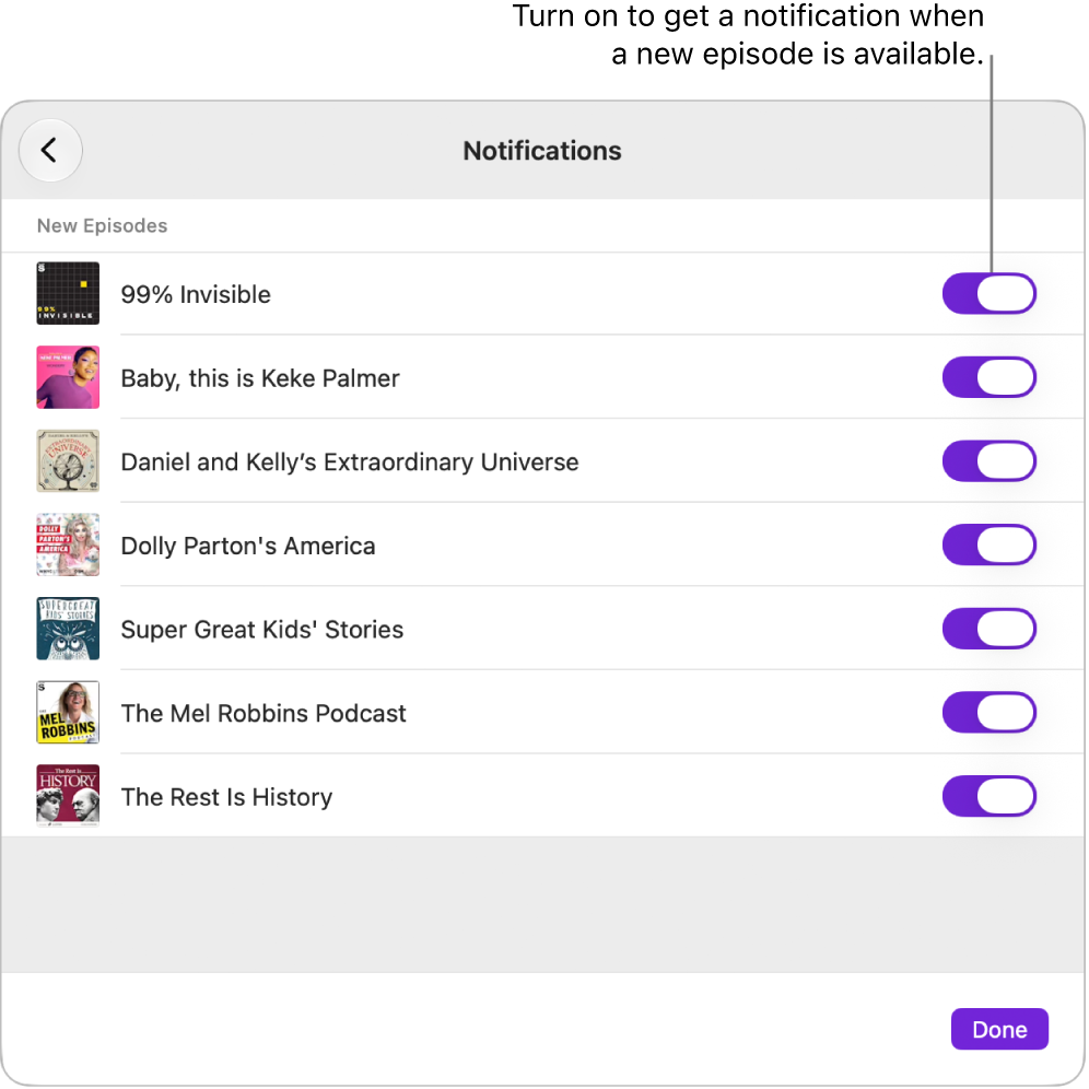 The Notifications options. Click the switch to get a notification when a new episode is available.