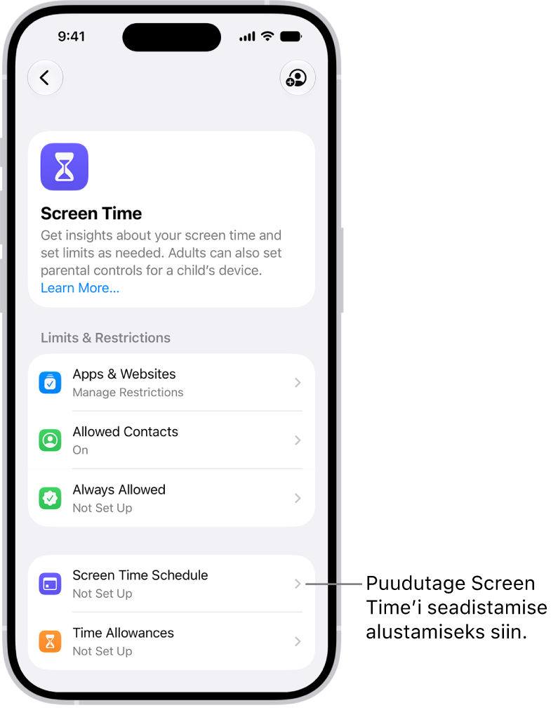 Kuva rakenduse Settings jaotisest Screen Time valikutega seadistada Screen Time Schedules, Time Allowances jne.