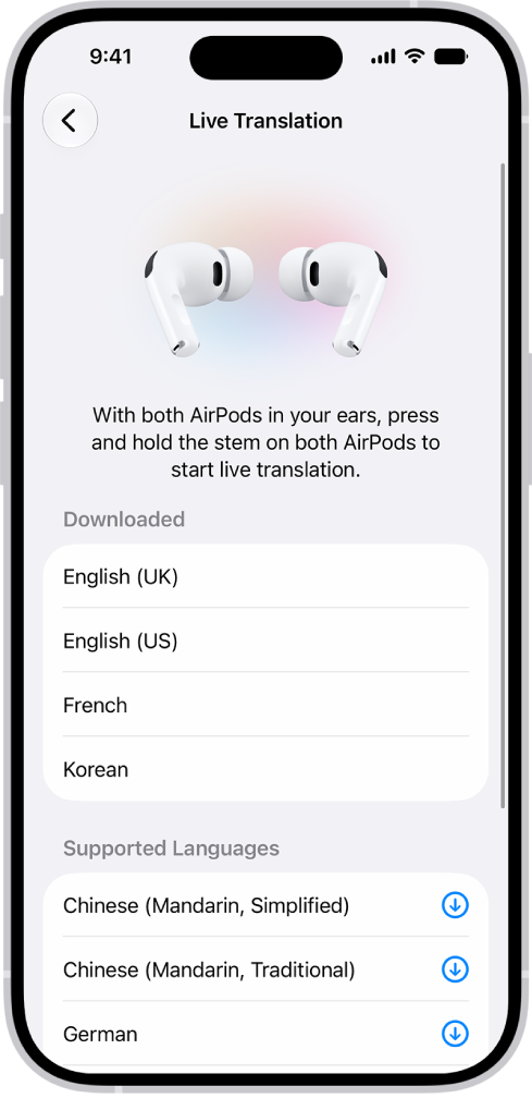 The Languages screen in AirPods Translate settings showing a list of downloaded and supported languages.