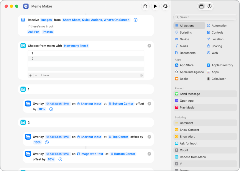 A Shortcuts app window showing the shortcut editor on the left and the actions browser on the right. The shortcut editor shows a sequence of actions.