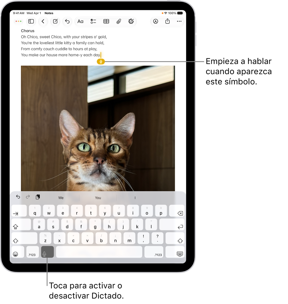 En la app Notas, el teclado en pantalla está abierto. Se selecciona el botón Dictado en la parte inferior del teclado y aparece el botón Dictado debajo del punto de inserción en el campo de texto.