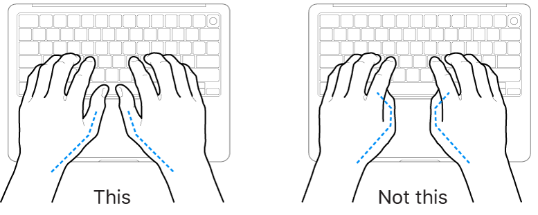 Hands positioned over a keyboard, showing correct and incorrect placement of thumbs.