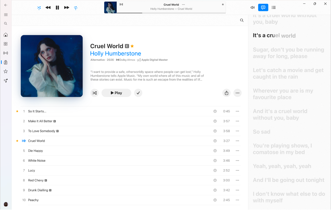 A song playing with lyrics on the right, which appear onscreen in time with the music.