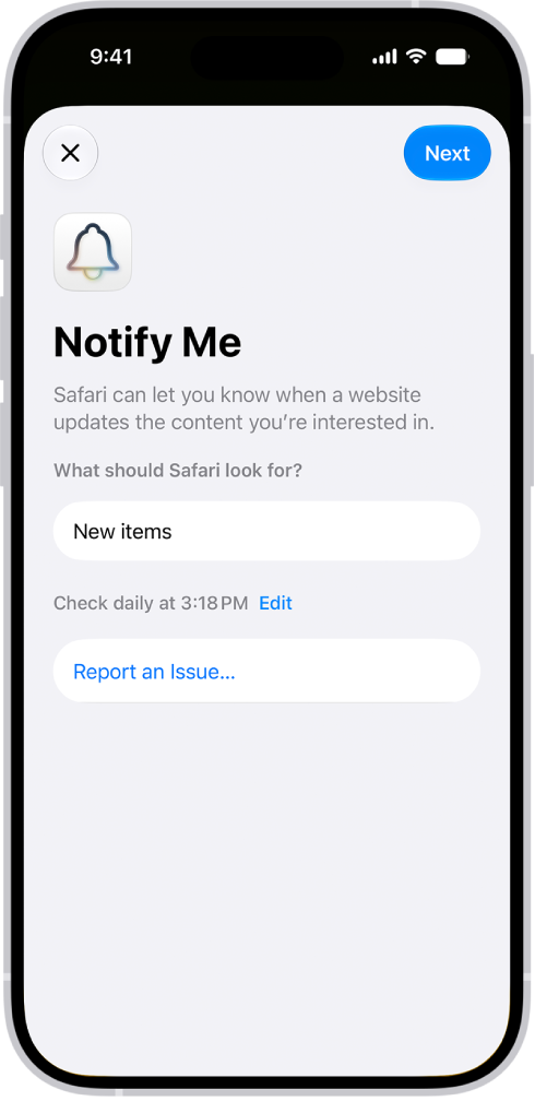 A preview of the Notify Me settings in Safari.
