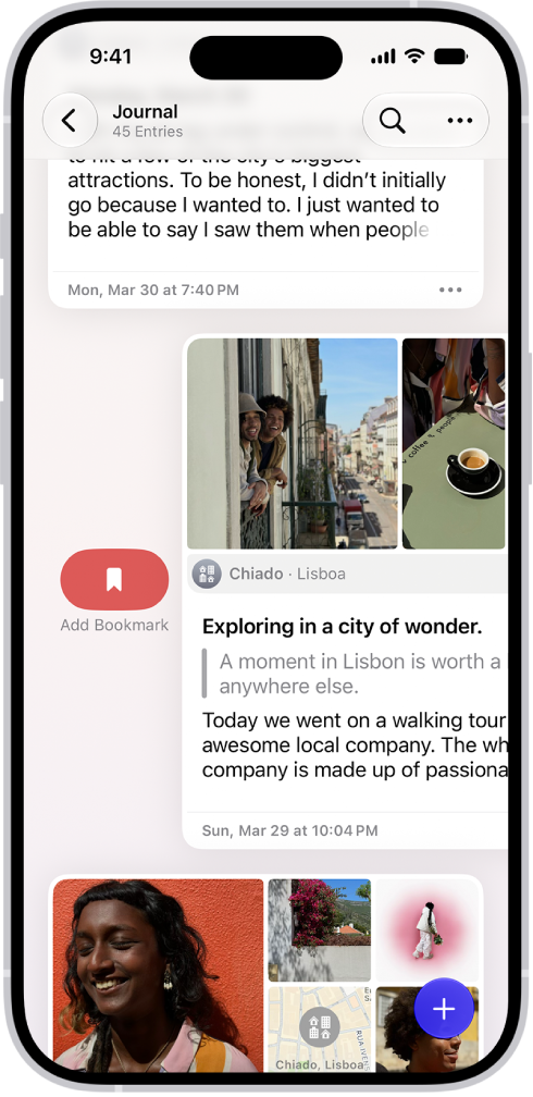 Écran de l’app&nbsp;Journal affichant des entrées de journal. L’utilisateur balaie une entrée vers la droite et cela affiche le bouton Signet.