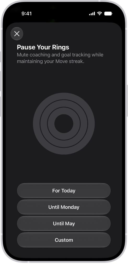 The Pause Your Rings screen in Fitness, showing options to pause Activity rings.