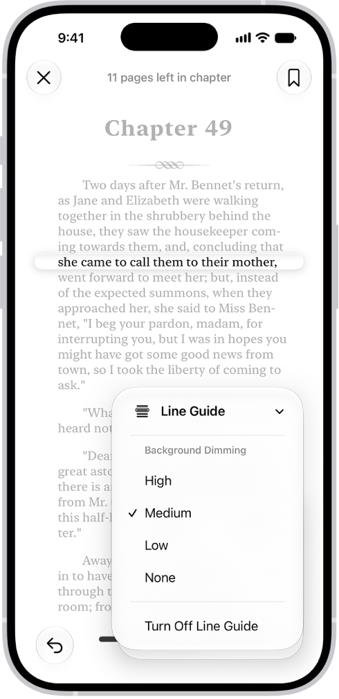 Una página en un libro en la app Libros. Se muestra resaltada una línea de texto individual y el resto aparece atenuado. En la esquina inferior izquierda de la pantalla se encuentra el botón Guía de líneas.