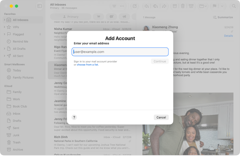 Mail window showing the account dialog.
