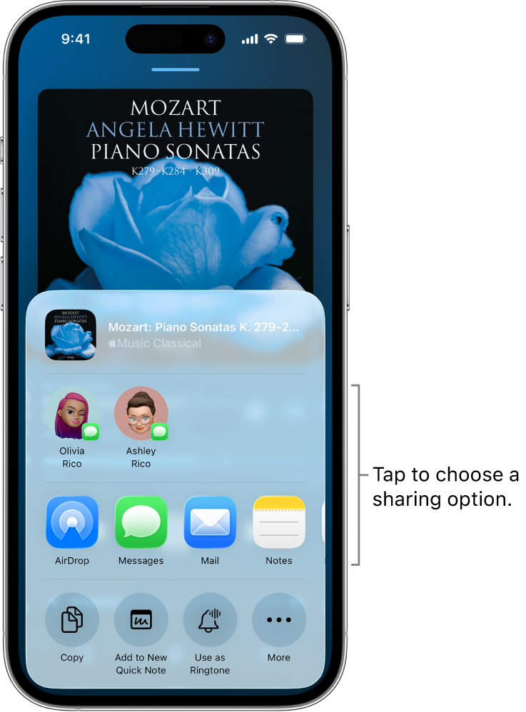 An iPhone showing a classical playlist at the top of the screen, with contacts and sharing options below.