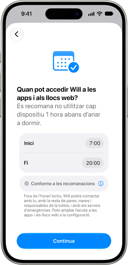 A la pantalla de configuració dels controls parentals es mostren les hores en què un infant pot accedir al dispositiu.