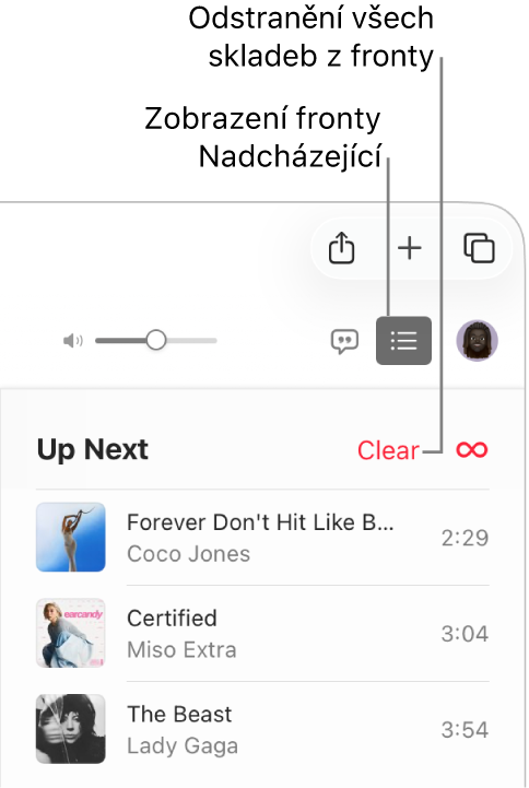 V pravém horním rohu okna Apple Music je vybráno tlačítko Nadcházející a je zobrazena fronta nadcházejících položek. Kliknutím na odkaz Smazat u horního okraje odstraníte z fronty všechny skladby.