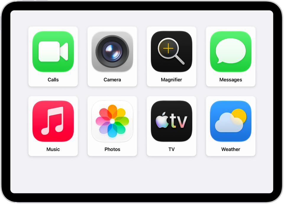 An iPad showing the Assistive Access Home Screen with a large grid of apps.