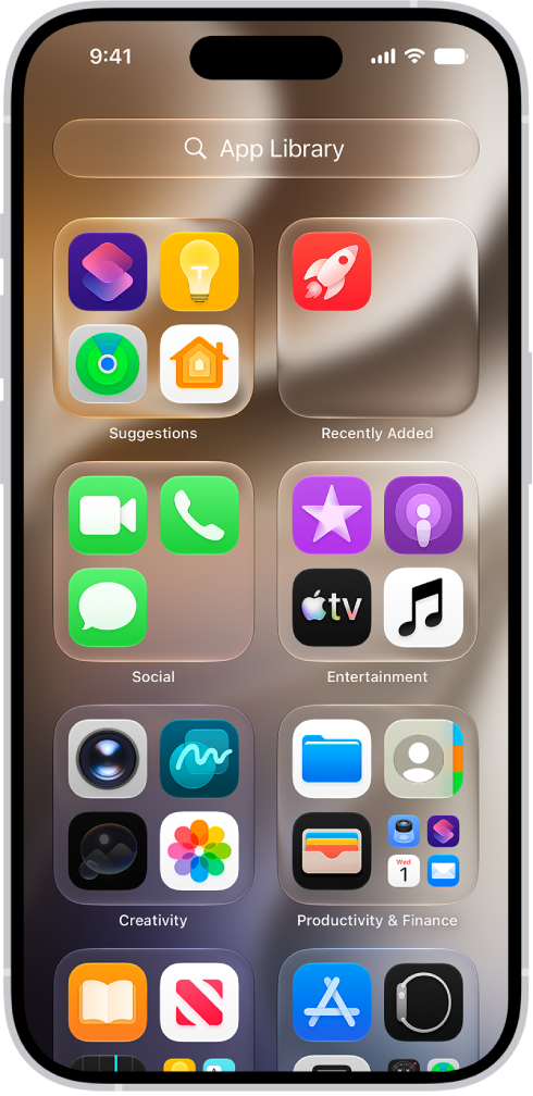 App Library on iPhone showing the apps organized by category (Utilities, Social, Entertainment, and so on).
