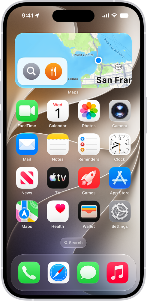 Il widget di Mappe, altri widget e le icone delle app sulla schermata Home di iPhone.