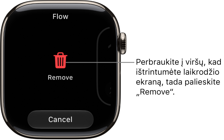 „Apple&nbsp;Watch“ ekranas, kuriame rodomi mygtukai „Remove“ ir „Cancel“, pateikiami, kai perbraukiant pasirenkamas laikrodžio ekranas, tada jis perbraukiamas viršun norint ištrinti.