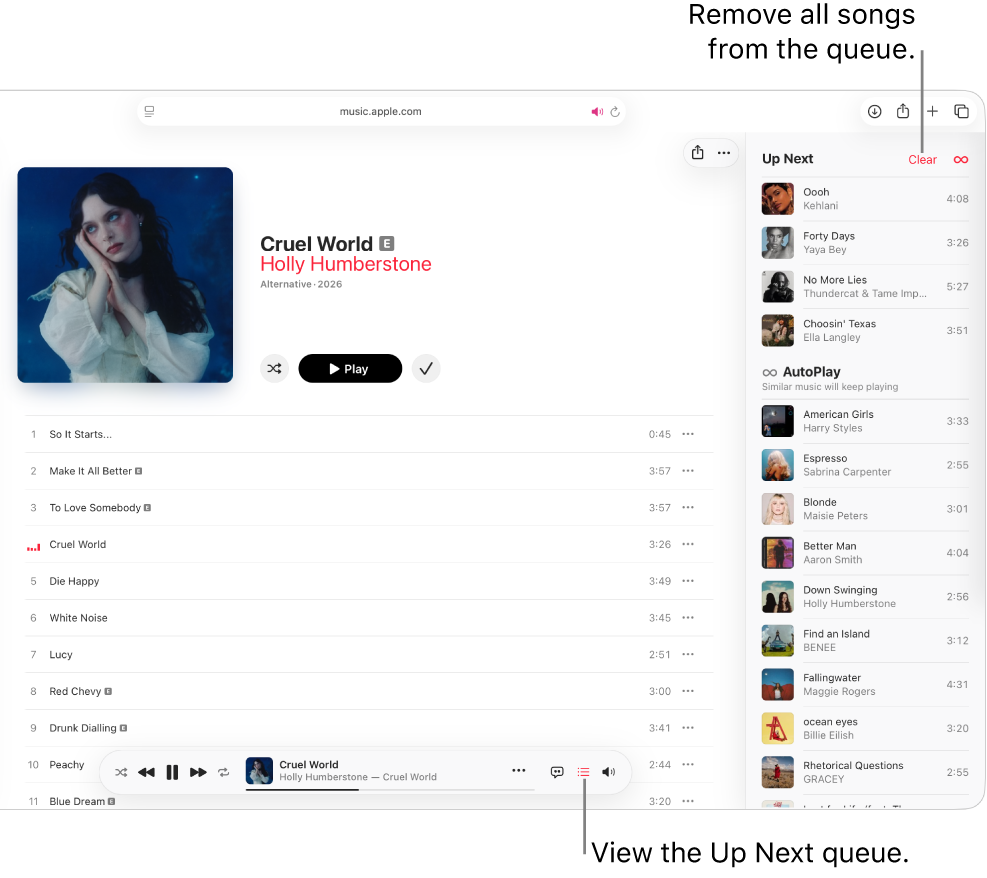 A song is playing in Apple Music. The Up Next button at the top-right corner is selected and the queue is visible.