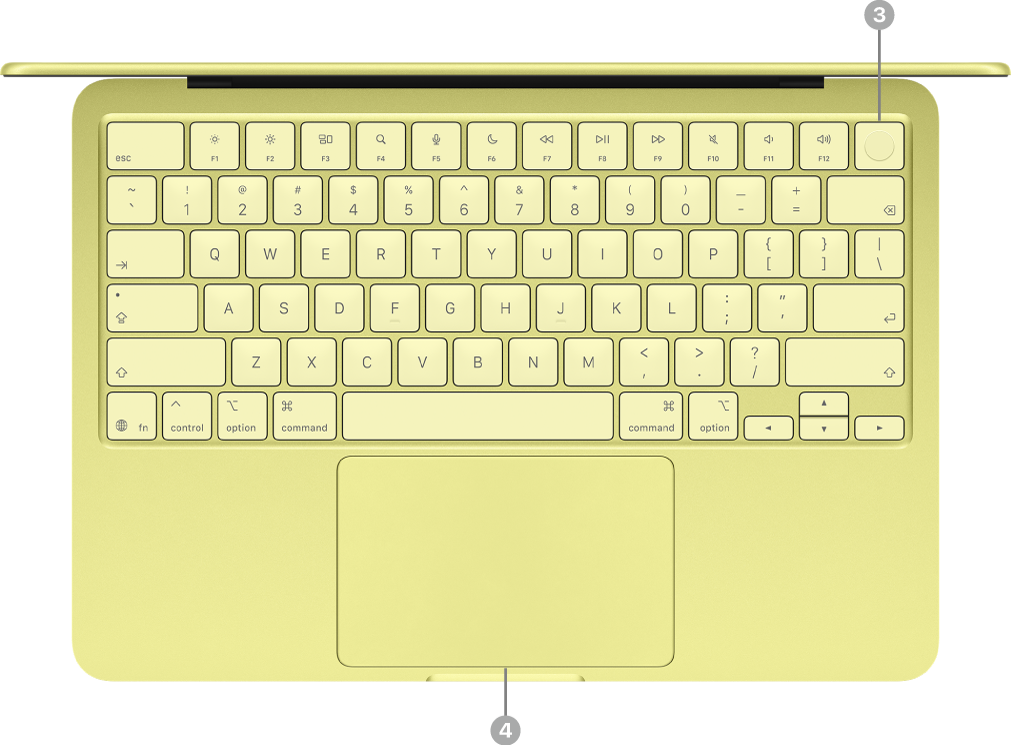 La parte superior de una MacBook&nbsp;Neo que muestra el botón de encendido (tecla Bloq&nbsp;Mayús o Touch&nbsp;ID) y el trackpad.