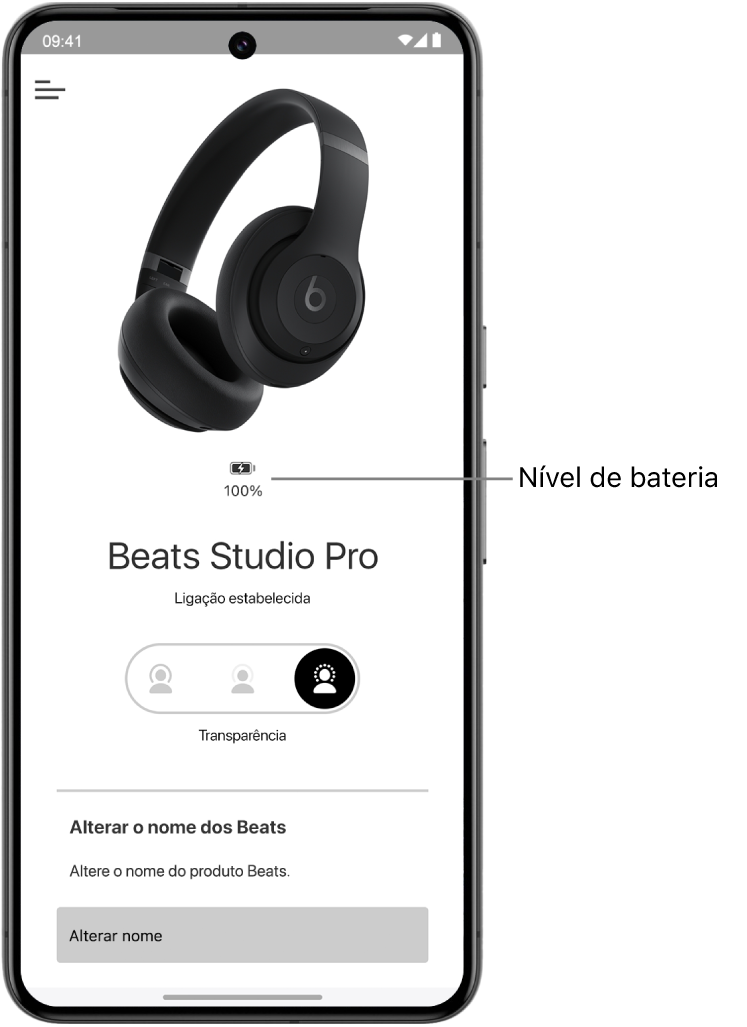 O ecrã de dispositivo da aplicação Beats a mostrar o nível da bateria dos auscultadores Beats&nbsp;Solo&nbsp;4.