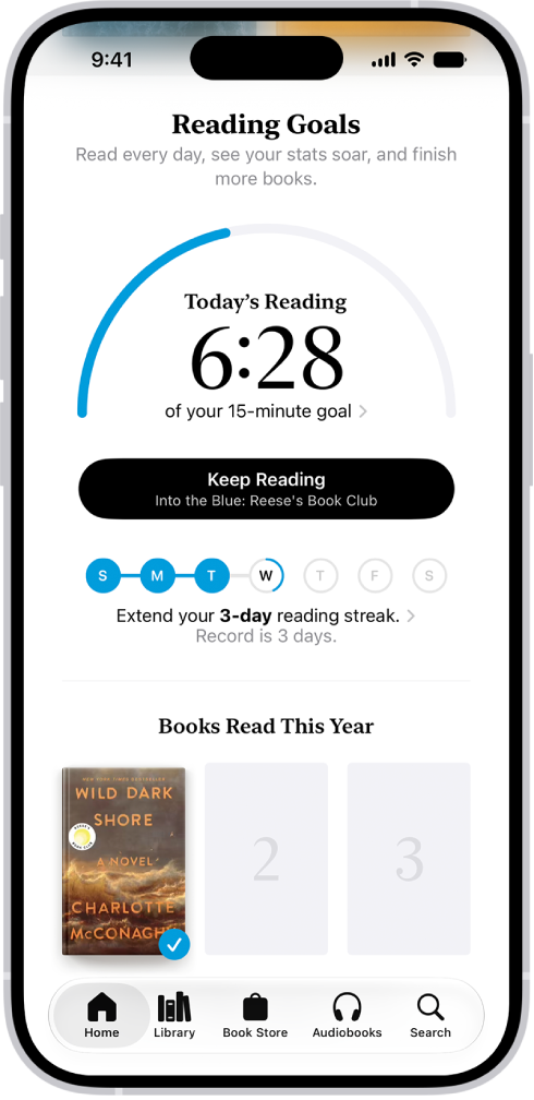 The Reading Goals screen showing stats for the user—such as today’s reading, their reading record for the week, and their books read this year. Across the bottom are the tabs Home (which is selected), Library, Book Store, Audiobooks, and Search.