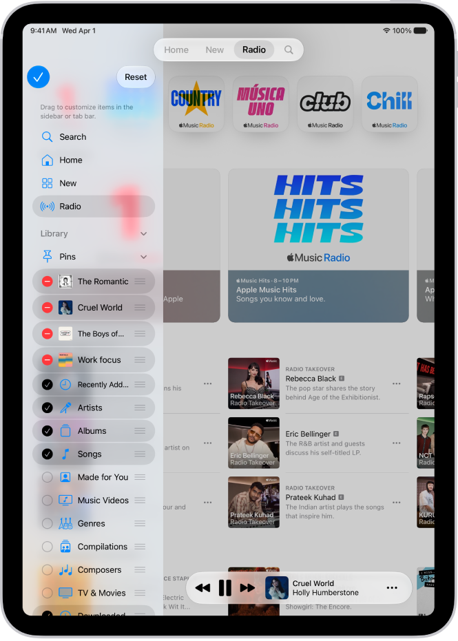 iPad in portrait orientation, showing options to edit the sidebar at the left and the tab bar at the top of the screen.