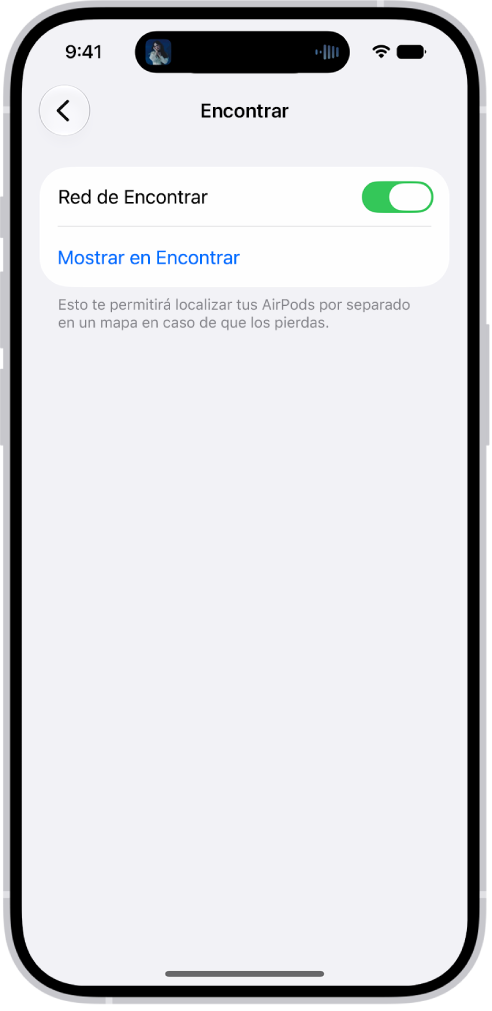 La configuración de Bluetooth en un iPhone mostrando las opciones para los AirPods Pro. La opción Red de Encontrar está activada, lo que permite que se localicen los AirPods por separado en un mapa si se pierden.