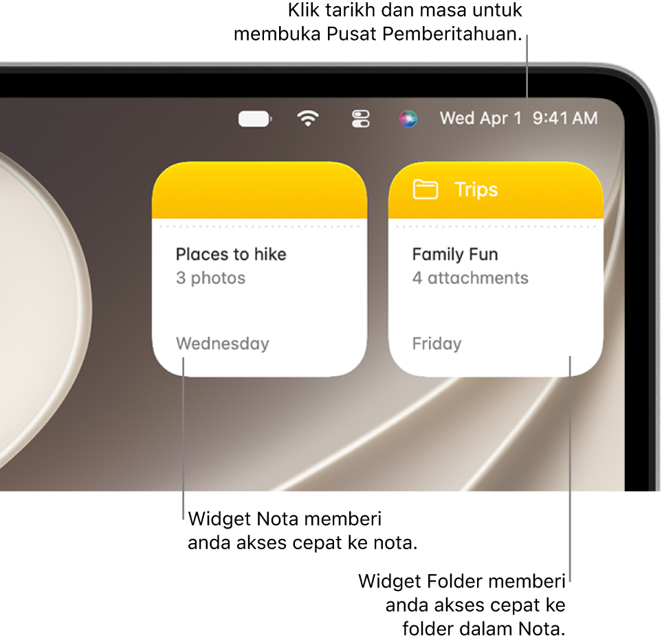 Dua widget Nota—widget Folder menunjukkan folder dalam Nota dan widget Nota menunjukkan nota. Klik tarikh dan masa dalam bar menu untuk membuka Pusat Pemberitahuan.