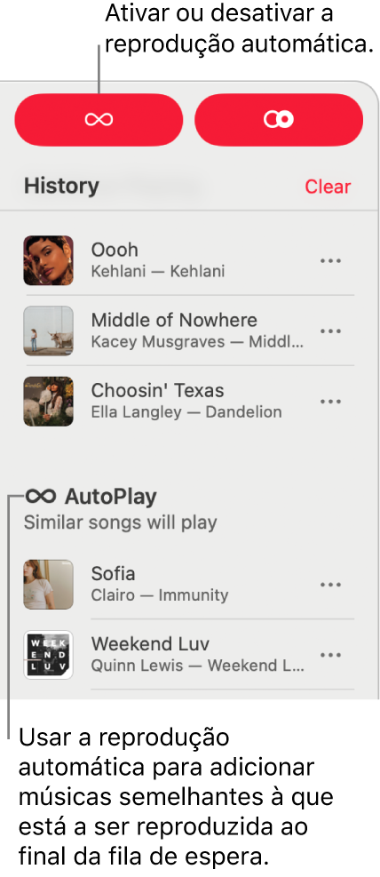O histórico é visível no canto superior direito de Apple&nbsp;Music. A secção Reprodução automática é também apresentada.