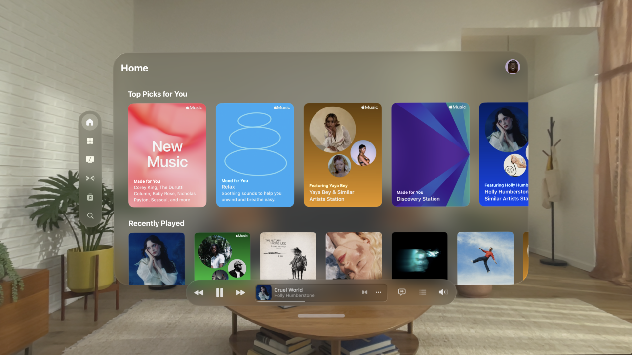 A Music app window on Apple&nbsp;Vision&nbsp;Pro, showing the player controls at the bottom of the window.