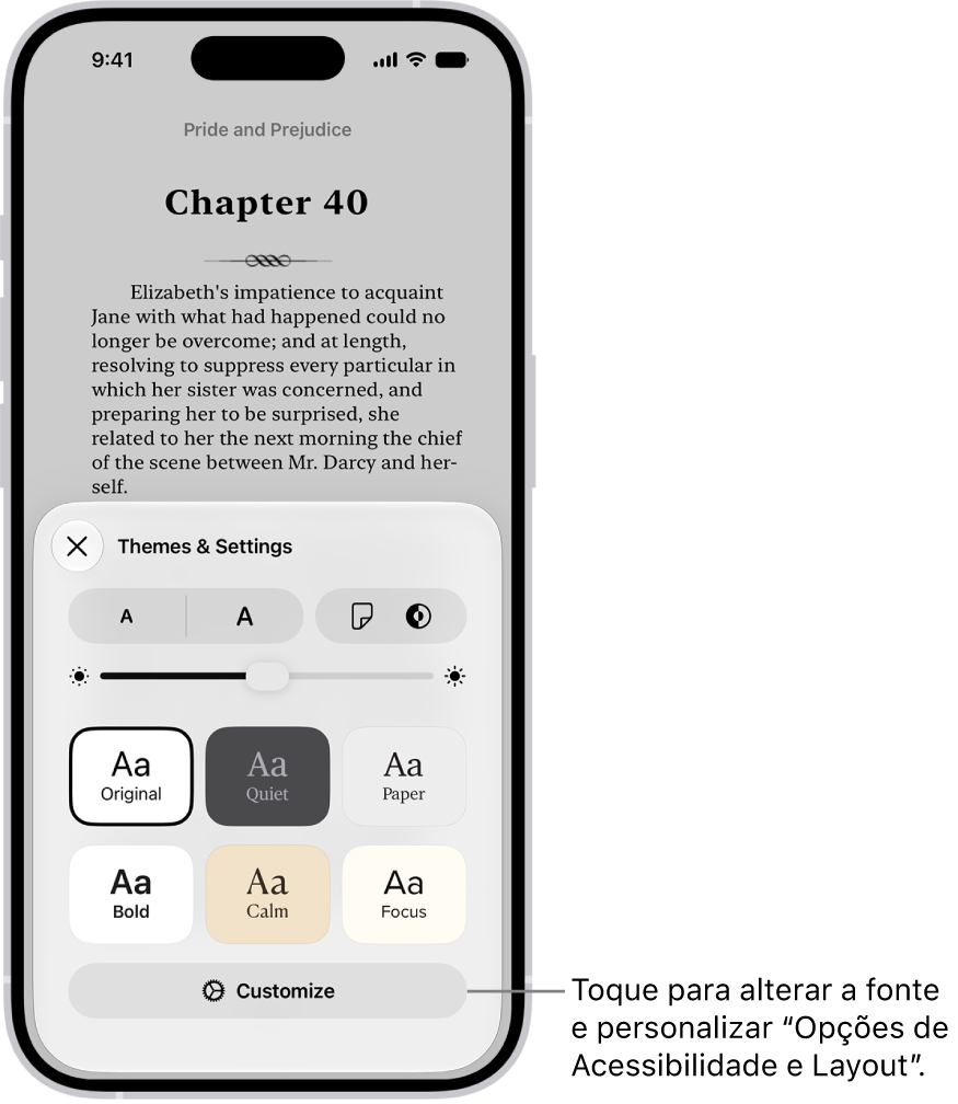 Página de um livro no app Livros. As opções de Temas e Ajustes mostram os controles de opções de tamanho da fonte, visualização da rolagem, estilo de virada de página, brilho e estilos de fonte.