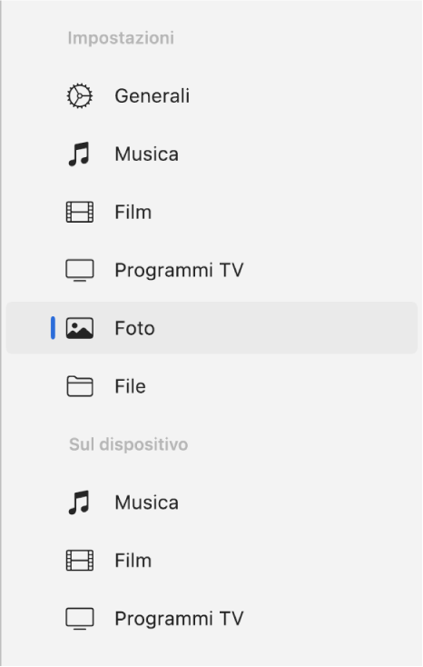 La barra laterale con l’opzione Foto selezionata.