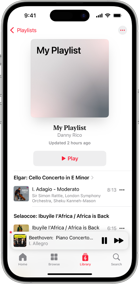 An iPhone showing a personal playlist in Apple Music Classical. At the top of the screen is album art, the name of the playlist, and a Play button. The MiniPlayer is near the bottom of the screen, and shows the track that’s currently playing. Below the MiniPlayer are the Home, Browse, Library, and Search buttons.