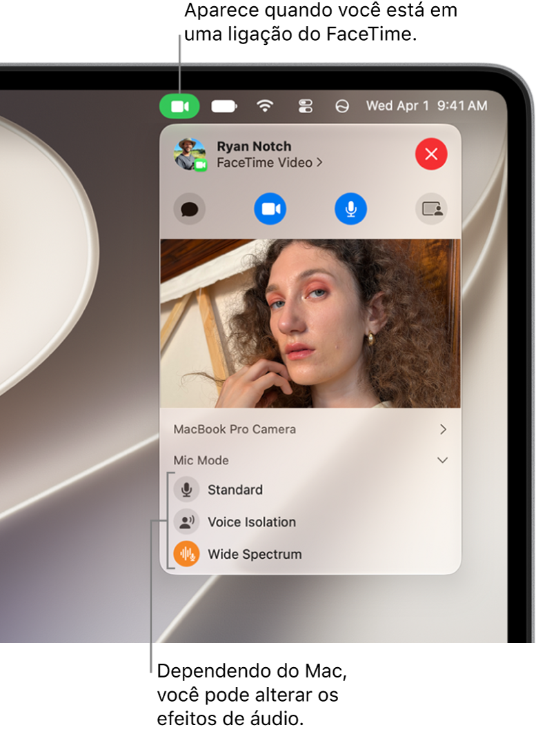 Central de Controle no canto superior direito da tela do Mac, mostrando o botão Vídeo (que aparece quando você está em uma ligação do FaceTime) e opções do Modo do Microfone (que mudam os efeitos de áudio, dependendo do Mac).