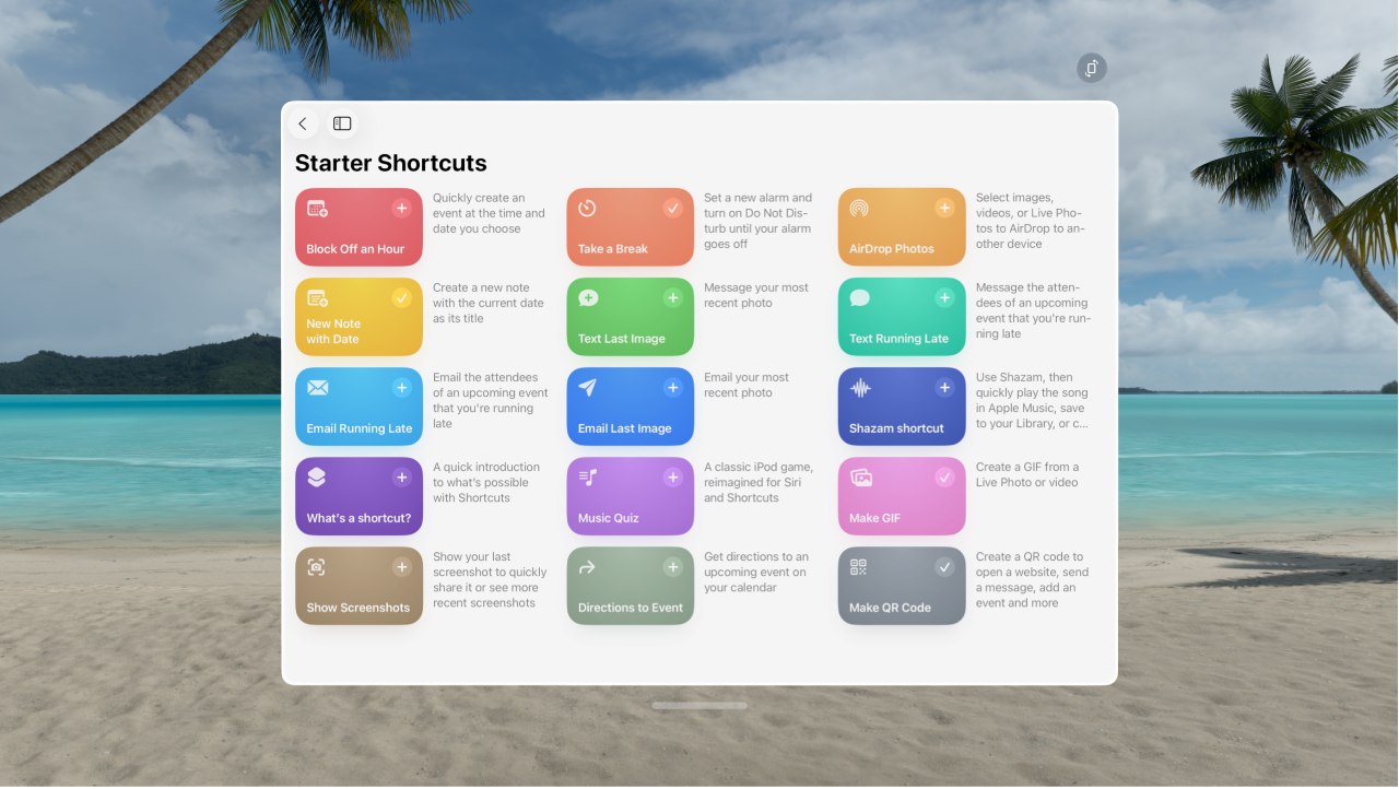 The Shortcuts app on Apple&nbsp;Vision&nbsp;Pro, showing the gallery of premade shortcuts.