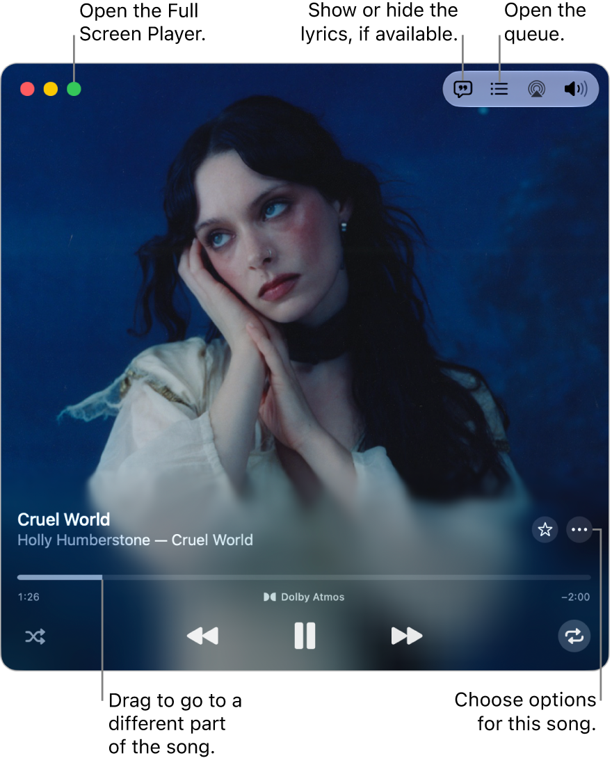 Expanded MiniPlayer showing the controls for the song that’s playing. In the top-left corner are the window controls used to open and close the Full Screen Player. The main part of the window shows the album artwork for the song that’s playing. Below the artwork is a slider to move to a different part of the song. Buttons to adjust the volume, show lyrics and open the queue are at the top.