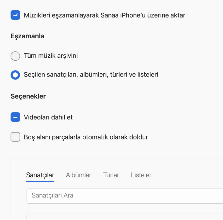 Müzik için eşzamanlama seçeneğini gösteren Apple Aygıtları penceresi.
