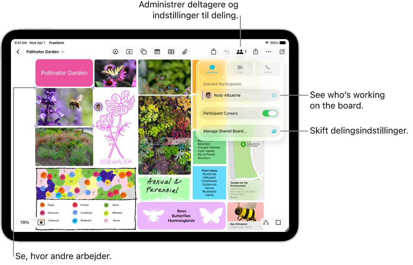 En delt Freeform-tavle på iPad, hvor menuen til samarbejde er åben, og placeringen af andre deltagere på tavlen er markeret med farvede hak.