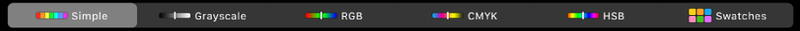 De Touch&nbsp;Bar met van links naar rechts de kleurenmodi 'Eenvoudig', 'Grijstinten', 'RGB', 'CMYK' en 'HSB'. Uiterst rechts zie je de knop 'Voorbeelden'.