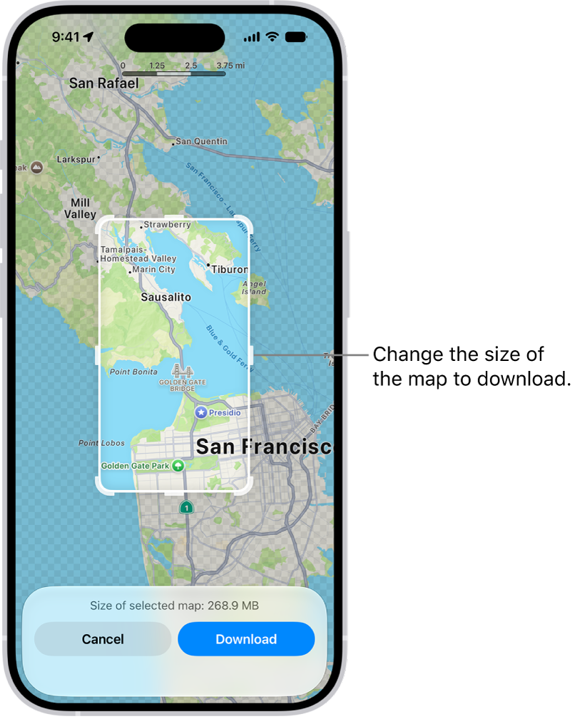 A map of a national park. The park is framed by a rectangle with handles, which can be moved to change the size of the map to download. The selected map’s download size is indicated near the bottom of the map. The Cancel and Download buttons are at the bottom of the screen.