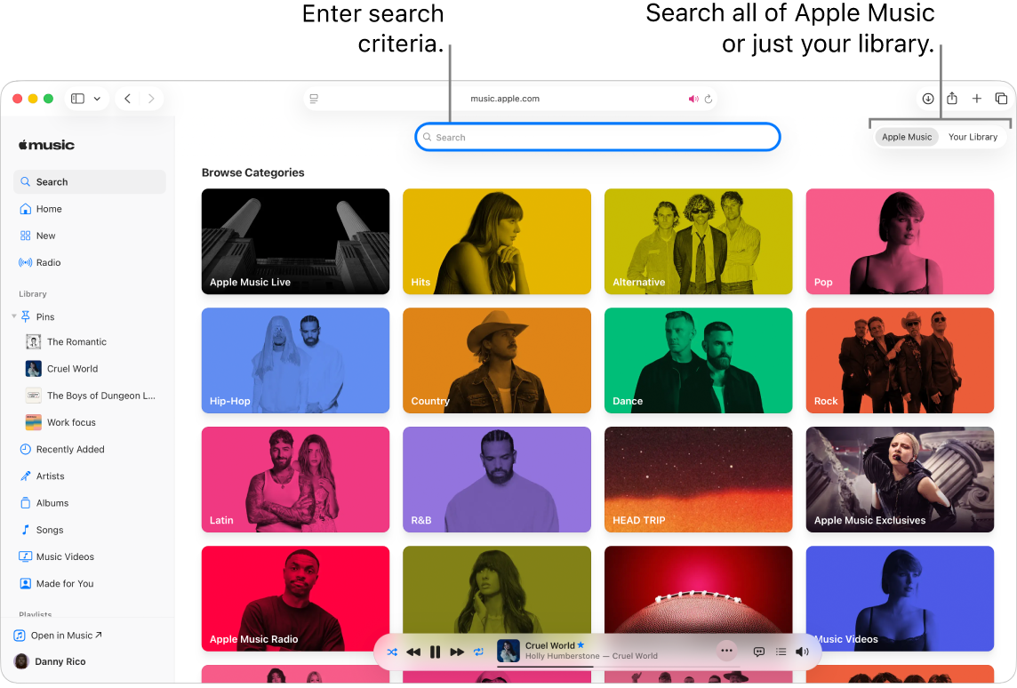 The Apple Music window showing the search field at the top, the list of categories in the center of the window, and Apple Music and Your Library in the top-right corner. 