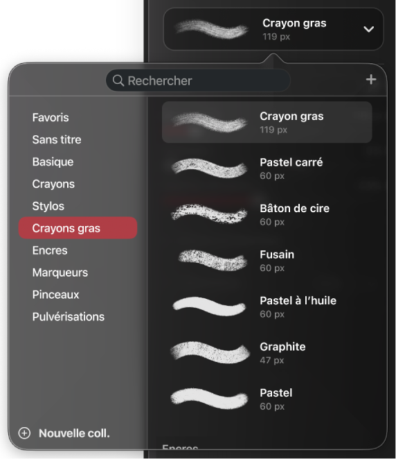 Le navigateur de pinceaux dans la sous-fenêtre Peinture qui affiche les catégories de pinceaux et les traits disponibles dans la catégorie actuellement sélectionnée.