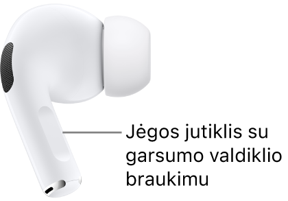 Jėgos jutiklio su garsumo valdiklio braukimu vieta ant abiejų „AirPods“ kojelių, naudojant „AirPods&nbsp;Pro&nbsp;2“ su belaidžiu įkrovimo dėklu.