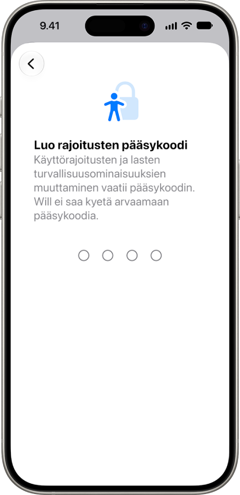 Käyttörajoitusten käyttöönottonäytössä näkyy vaihtoehto luoda Ruutuajan pääsykoodi.