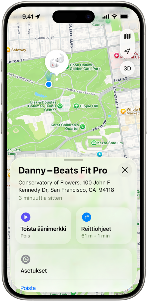 iPhonen Etsi-apissa näkyy Beats&nbsp;Fit&nbsp;Pro -kuulokkeiden sijainti San Franciscon kartalla.
