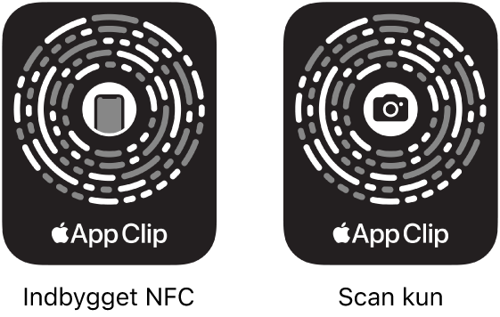 Til venstre er der en appklipkode integreret i et NFC-mærke med et symbol for iPhone i midten. Til højre er der en appklipkode kun til scanning med et kamerasymbol i midten.
