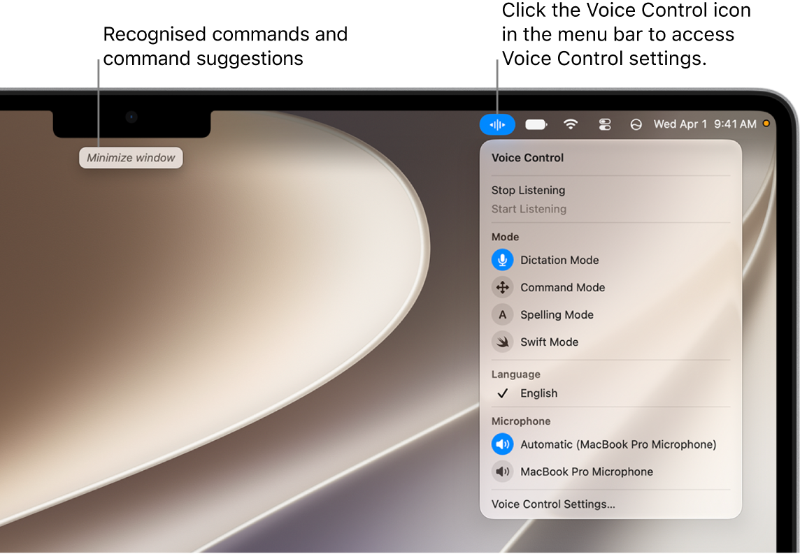A command suggestion is shown at the top of the desktop. To the right, the Voice Control icon is shown in the menu bar and the Voice Control menu is open.