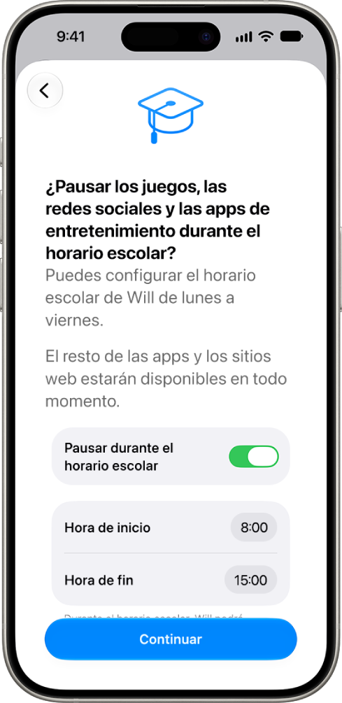 La pantalla de configuración de los controles parentales con las horas durante el horario escolar en las que se debe pausar el uso del dispositivo.