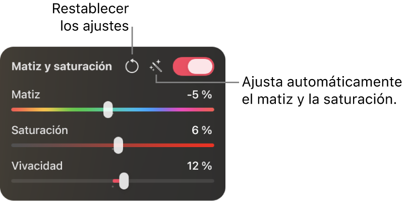 Los controles de “Matiz y saturación” en el panel Ajustes de color.