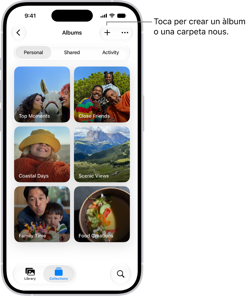 La col·lecció “Àlbums”, a l’app Fotos. Una retícula d’àlbums a la pantalla. A la part superior de la pantalla, d’esquerra a dreta, hi ha els botons “Enrere”, “Nou àlbum” i “Més”. A sota hi ha els botons per veure els àlbums de la categoria “Personals”, “Compartits” o “Activitat”. A la part inferior de la pantalla, d’esquerra a dreta, hi ha els botons “Fototeca”, “Col·leccions” i “Cerca”.