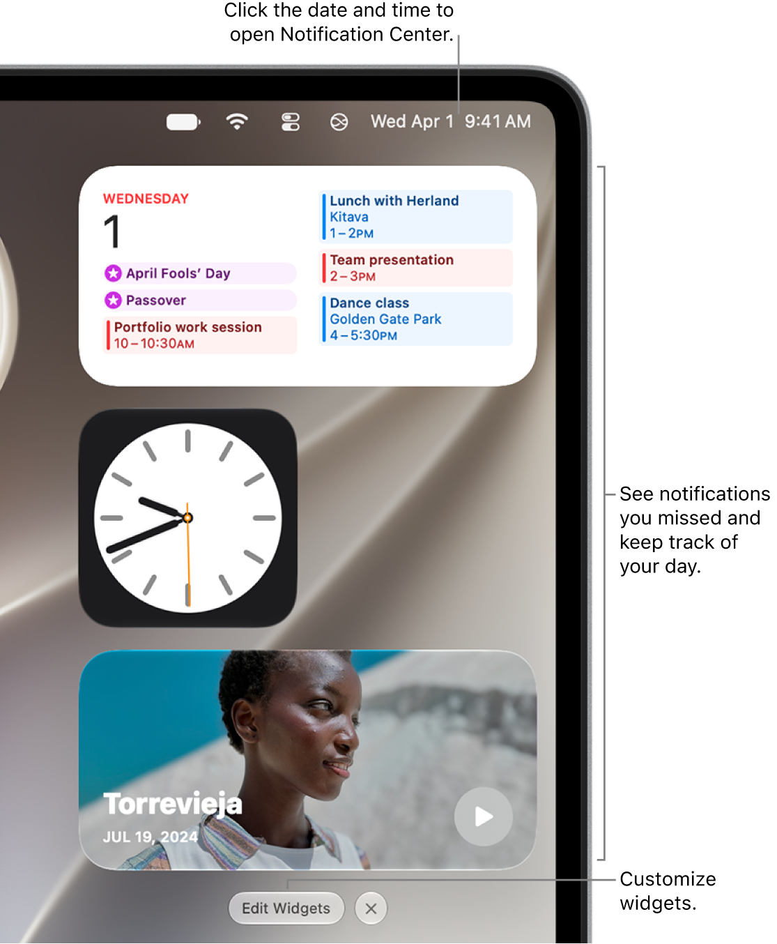 Notifications and widgets in Notification Center.