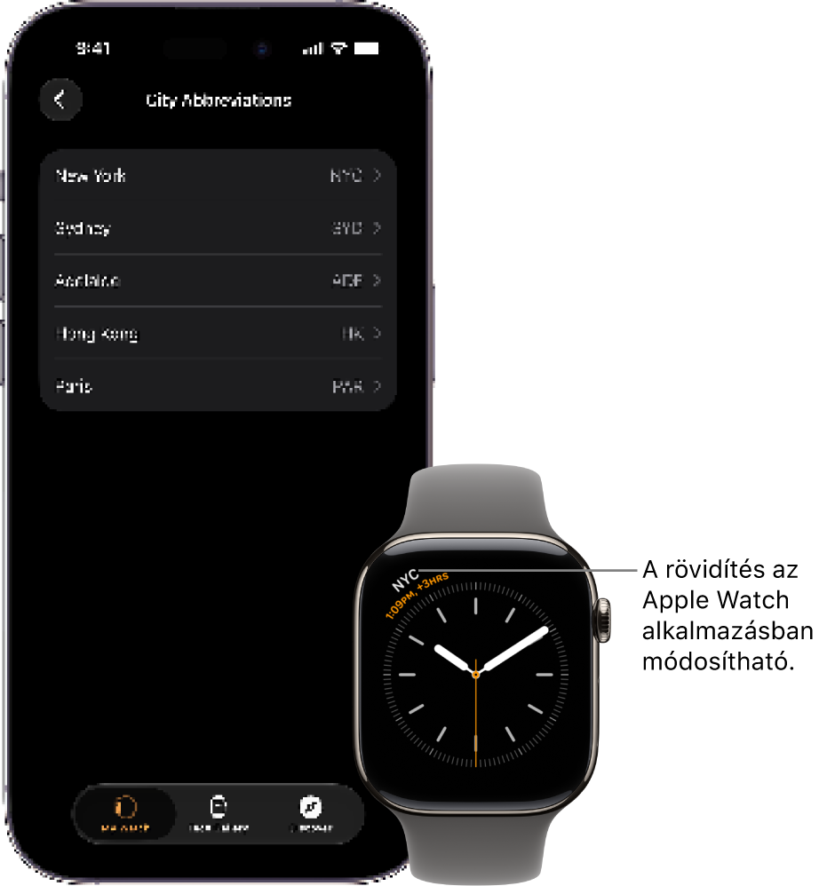 iPhone és az Apple Watch egymás mellett. Az Apple Watch képernyője, amelyen a New York-i pontos idő látható (New Yorkot a NYC rövidítés jelöli). Az iPhone képernyőjén a városok listája látható az Apple&nbsp;Watch app Óra beállításaiban érhető el.